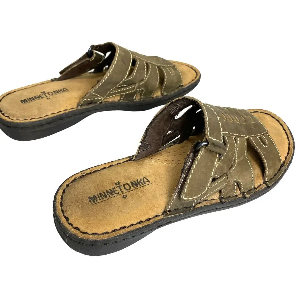 Minnetonka Slip On Leather ‎ Sandals Womens 7 Brown with Hook & Loop Closure